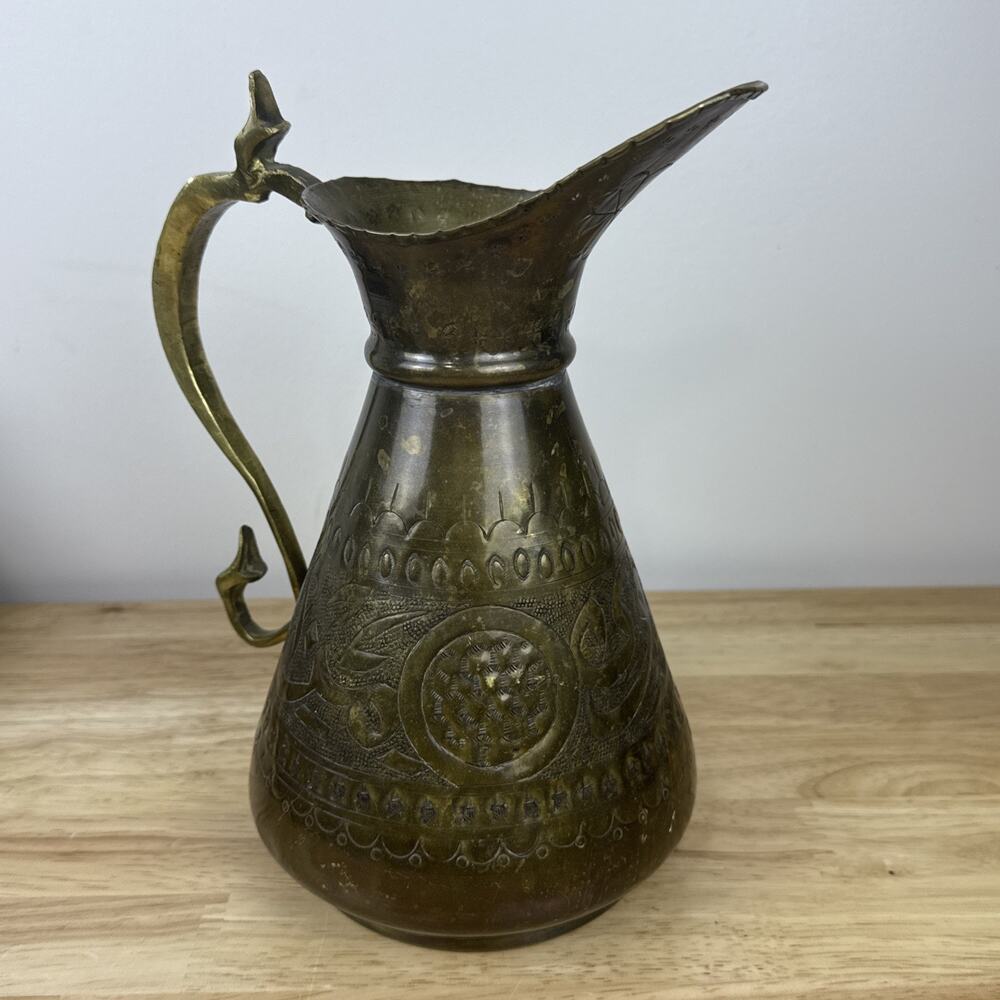 Vintage Tartoussi Bros. Lebanon Ornate 9” Metal Pitcher Brass & Tin Over Copper? - Picture 4 of 11